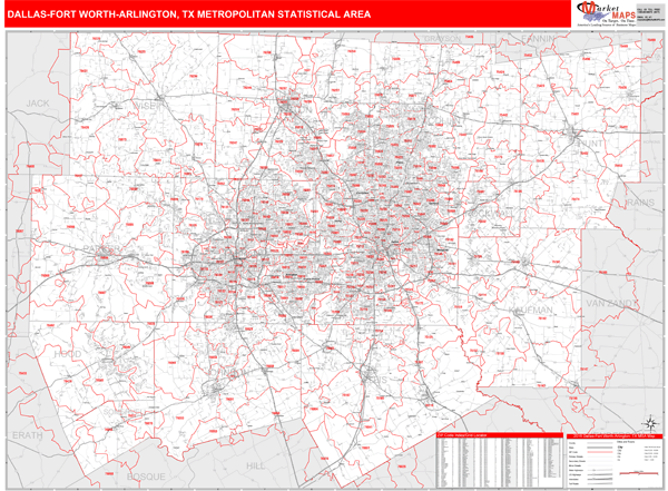 Dallas-Fort Worth-Arlington Metro Area Digital Map Red Line Style